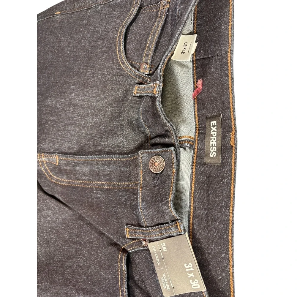 Express Jeans Mens 31x30 Black Denim Dark Wash Hyper Stretch Slim Straight Leg